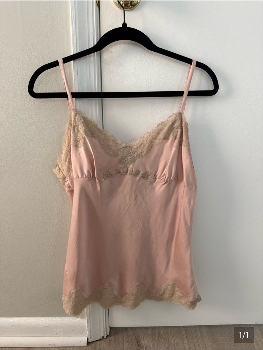 Vintage Light Pink and Beige Satin Lace Tank Top